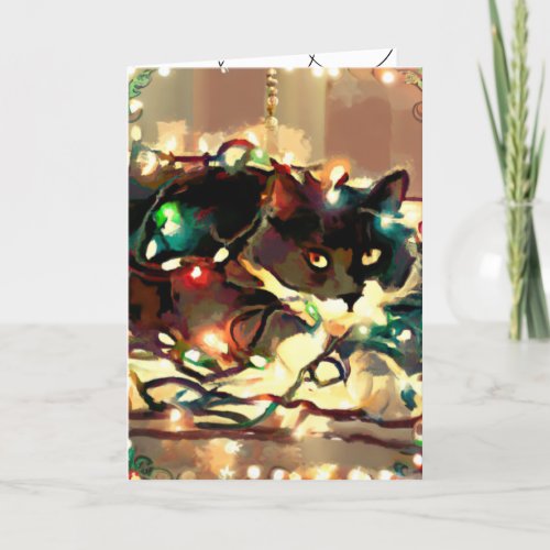 Black Cat in Christmas lights card