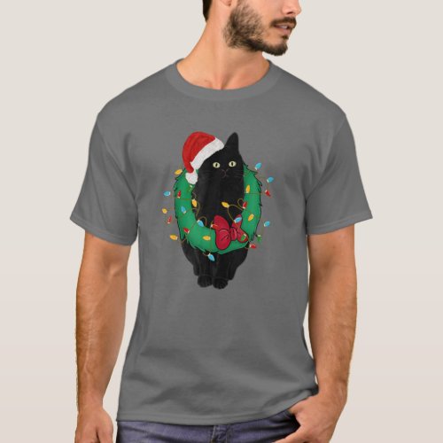 Black Cat In Christmas Lights Santa Hat Funny Cat T_Shirt