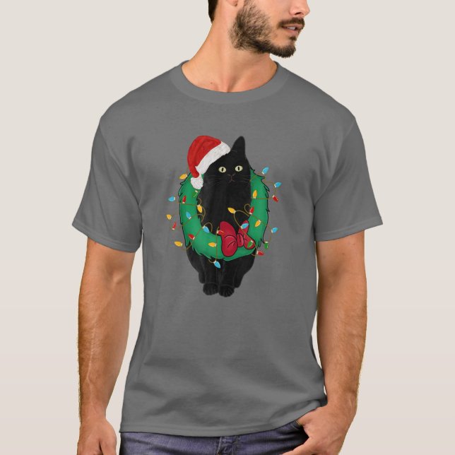 Black Cat In Christmas Lights Santa Hat Funny Cat T-Shirt (Front)
