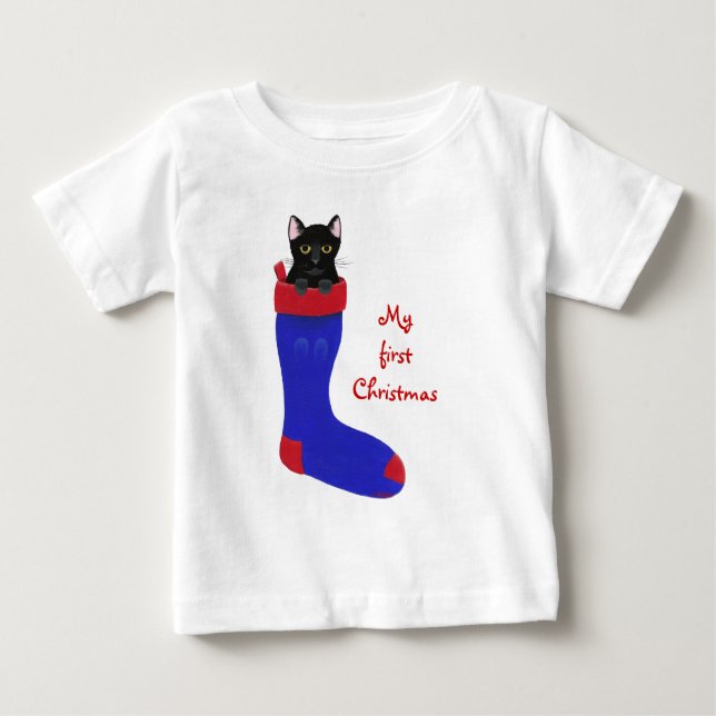 Black Cat in Christmas Stocking First Christmas Baby T-Shirt (Front)