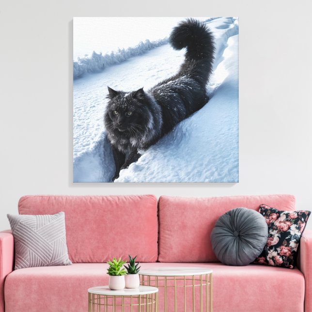 Black Cat In Deep Snow Canvas Print (Insitu(LivingRoom))
