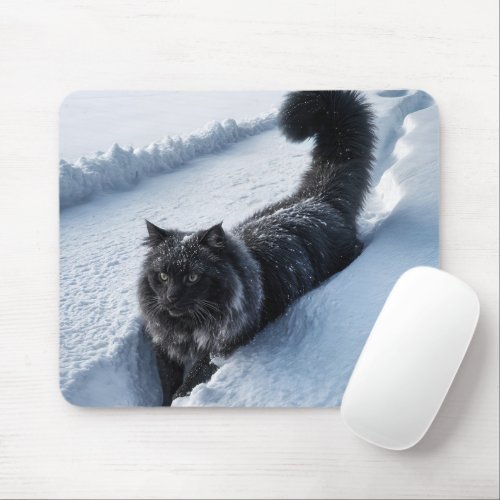 Black Cat In Deep Snow Mouse Pad