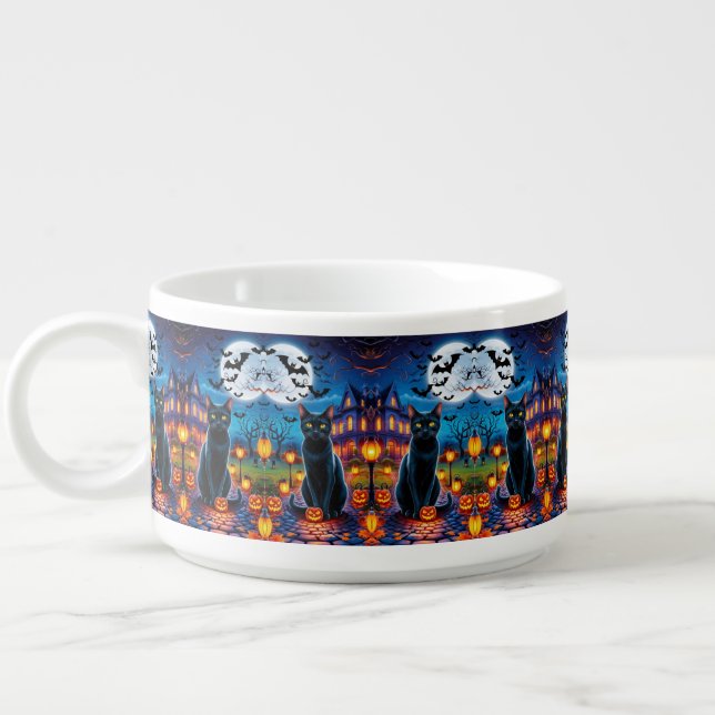 Black Cat in Enchanted Halloween Landscape Bowl (Right)