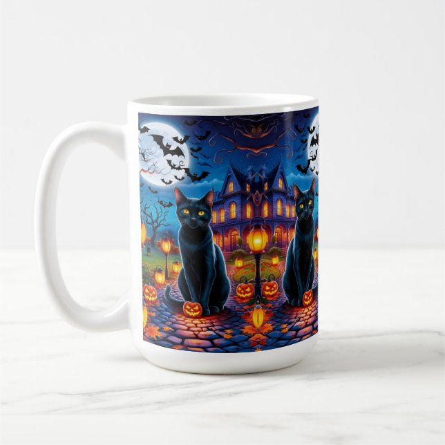 Black Cat in Enchanted Halloween Landscape Coffee Mug (Left)