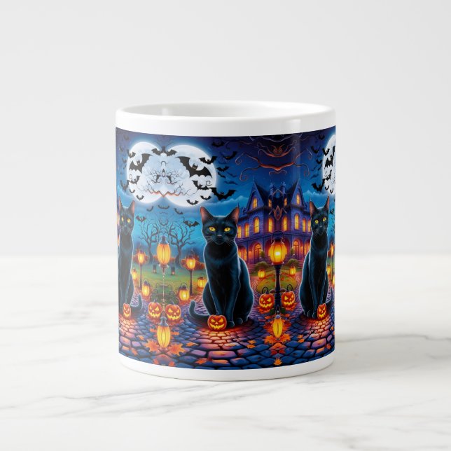 Black Cat in Enchanted Halloween Landscape Giant Coffee Mug (Front)