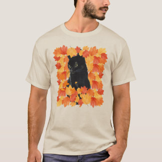 Black Cat in Fall Leaves Autumn T-Shirt