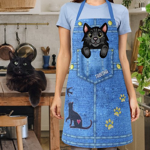 Black Cat in Faux Denim Pocket with Custom Name Apron