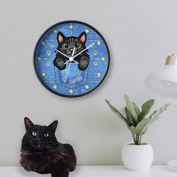 Black Cat In Faux Denim Pocket With Custom Name Clock by LaborAndLeisure at Zazzle