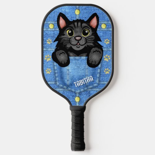 Black Cat in Faux Denim Pocket with Custom Name Pi Pickleball Paddle