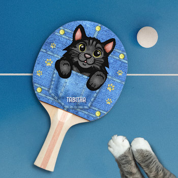 Black Cat In Faux Denim Pocket With Custom Name Ping Pong Paddle by LaborAndLeisure at Zazzle