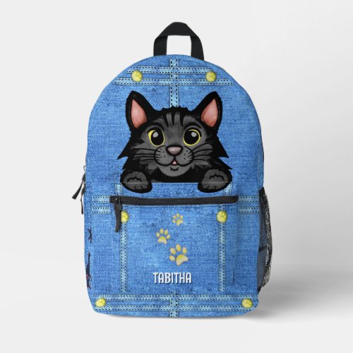 Black Cat in Faux Denim Pocket with Custom Name Printed Backpack