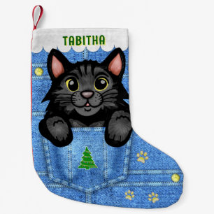 Black Cat in Faux Denim Pocket with Custom Name Small Christmas Stocking