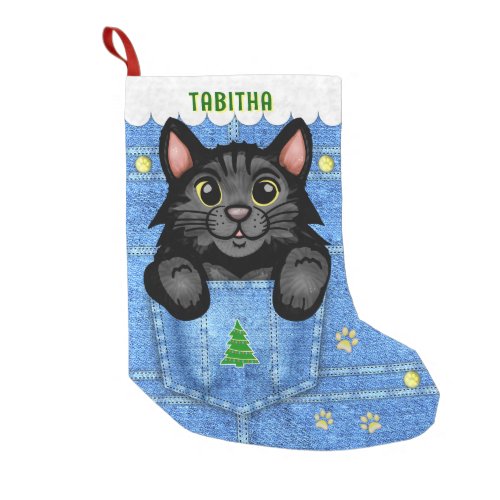 Black Cat in Faux Denim Pocket with Custom Name Small Christmas Stocking
