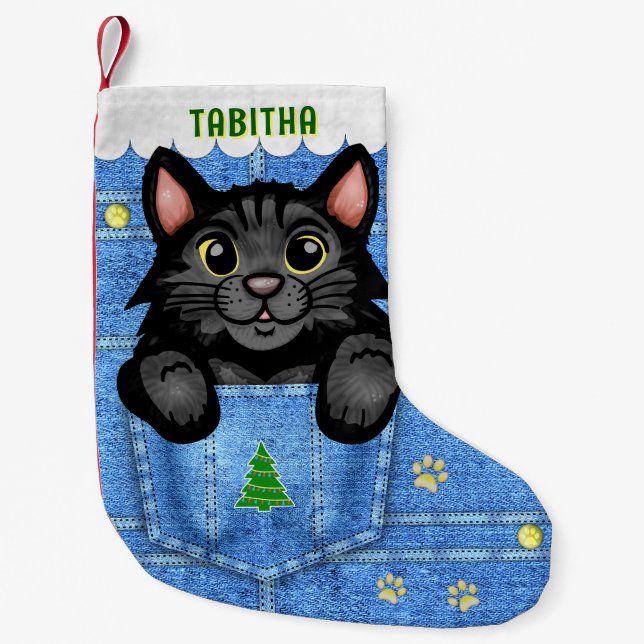Black Cat in Faux Denim Pocket with Custom Name Small Christmas Stocking (Front)