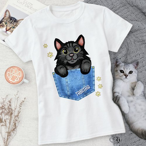 Black Cat in Faux Denim Pocket with Custom Name T_Shirt