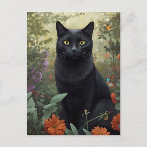 Black Cat In Flower Garden Postcard