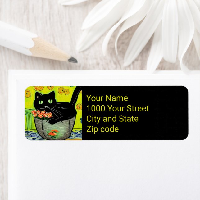 Black Cat in Flower Pot   Label (Insitu)