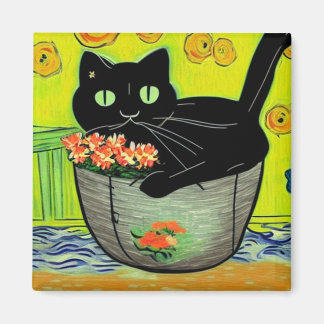 Black Cat in Flower Pot  Magnet