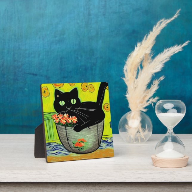 Black Cat in Flower Pot Plaque (Insitu)