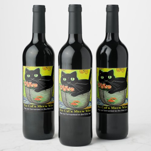 Black Cat in Flower Pot  Wine Label