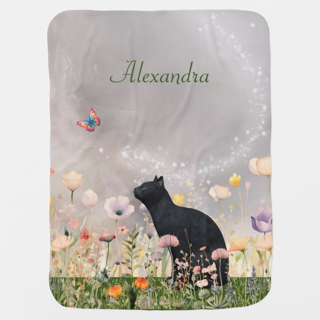 Black Cat in Flowers Baby Blanket (Front)