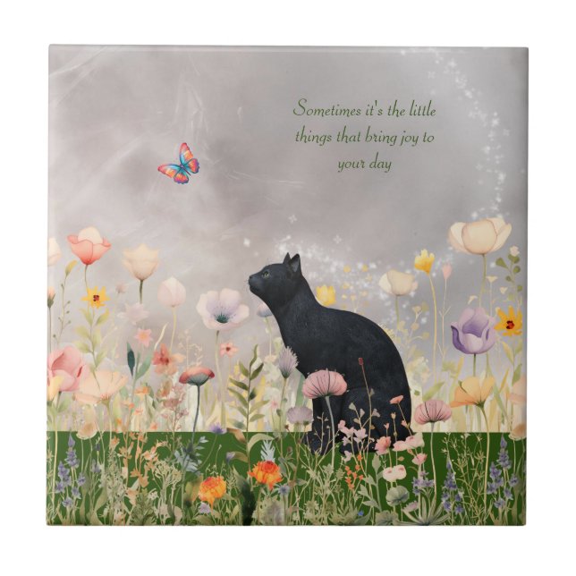 Black Cat in Flowers Ceramic Tile (Front)