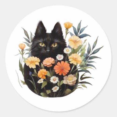 Black cat in flowers  classic round sticker