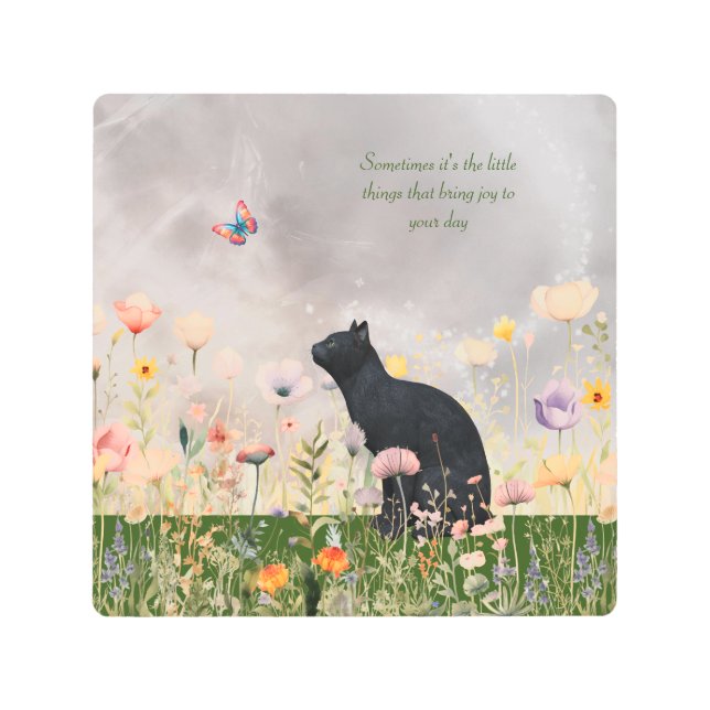 Black Cat in Flowers Metal Print (Front)