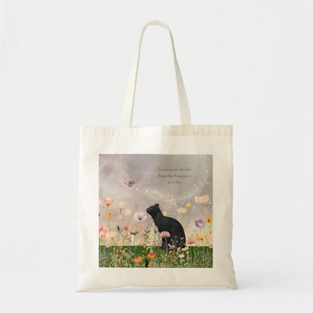 Black Cat in Flowers Tote Bag (Front)