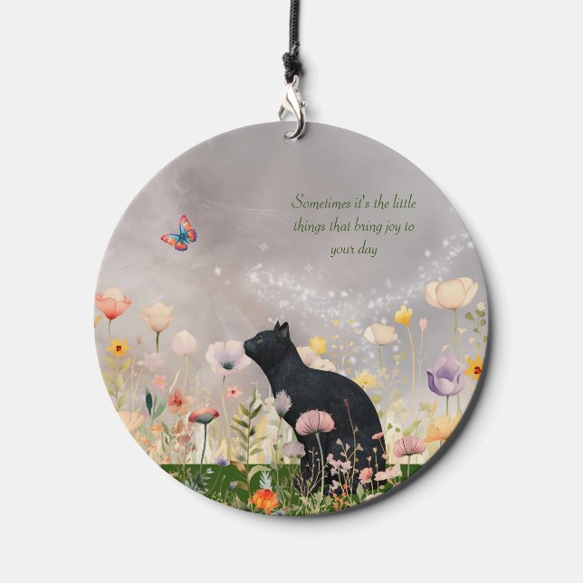 Black Cat in Flowers Wind Chime (Front)