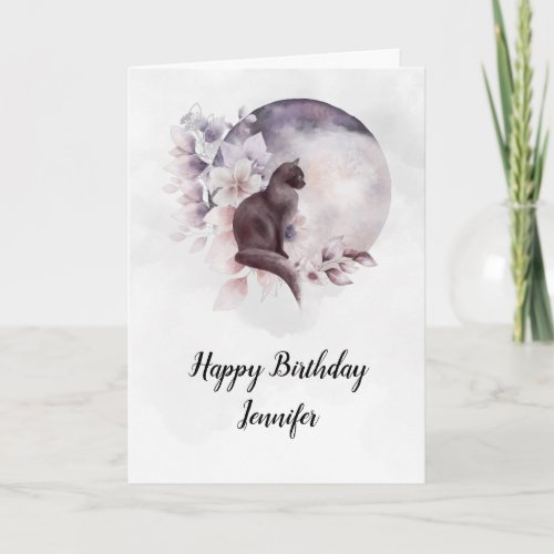 Black Cat in Front of a Magical Full Moon Birthday Card