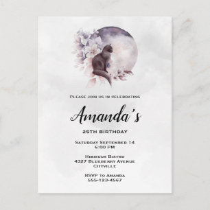 Black Cat in Front of a Magical Full Moon Birthday Invitation Postcard