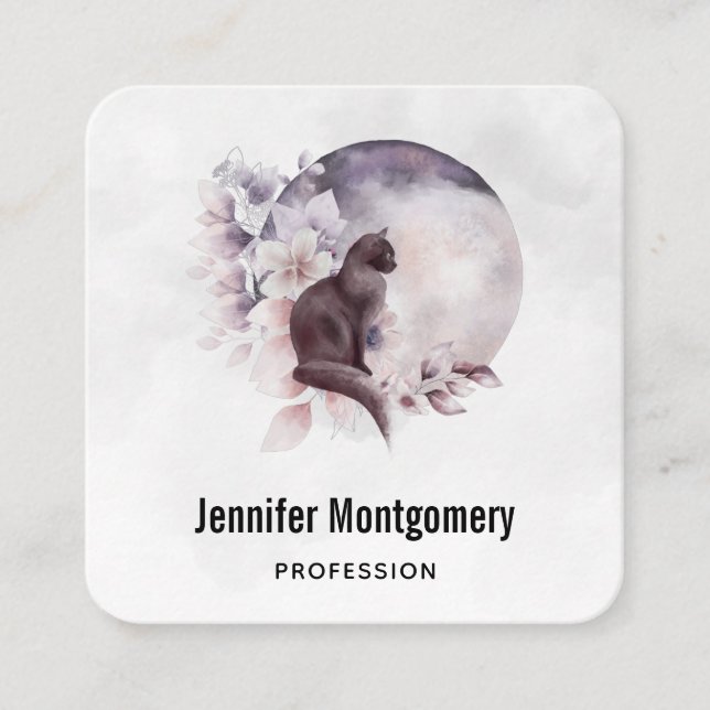 Black Cat in Front of a Magical Full Moon Square Business Card (Front)