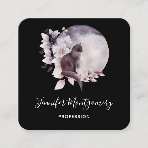 Black Cat in Front of a Magical Full Moon Square Business Card