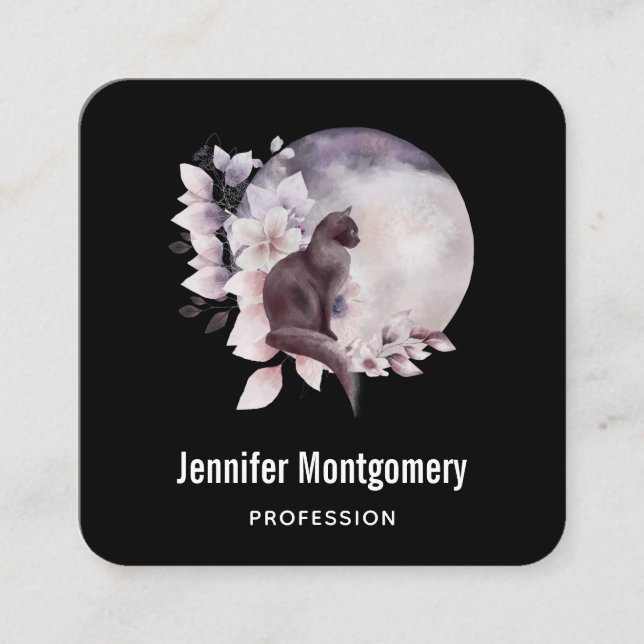 Black Cat in Front of a Magical Full Moon Square Business Card (Front)