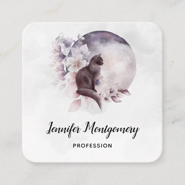 Black Cat in Front of a Magical Full Moon Square Business Card (Front)