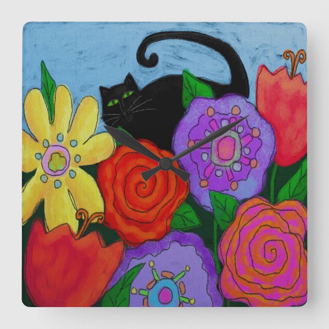 Black Cat in Garden Abstract Art Round Clock (Front)