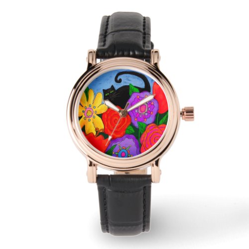 Black Cat in Garden Abstract Art Watch