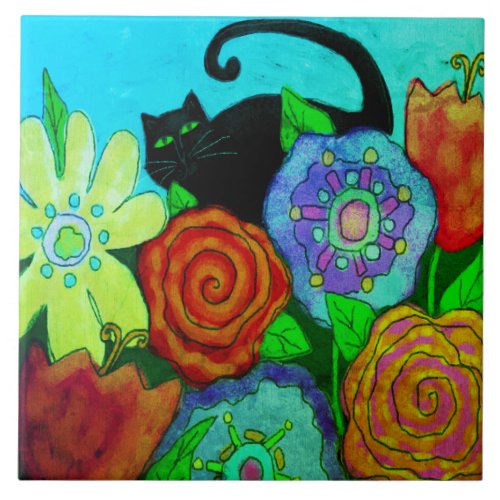 Black Cat In Garden Abstract Painting Ceramic Tile