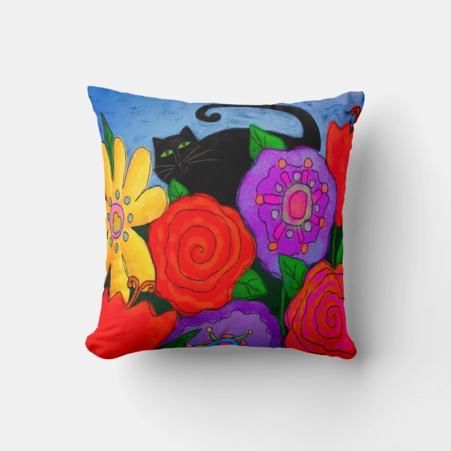 Black Cat in Garden Throw Pillow (Front)