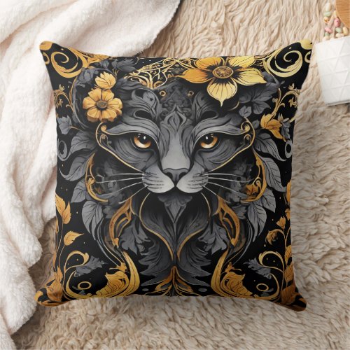 Black Cat in Golden Flowers Throw Pillow