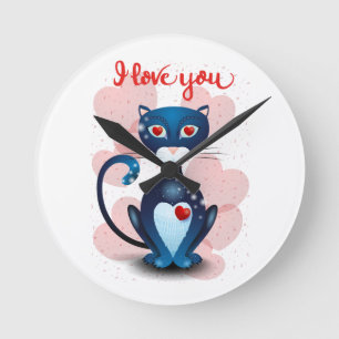Black cat in Love Round Clock