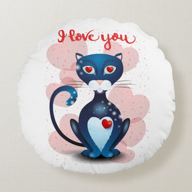 Black cat in Love Round Pillow (Front)