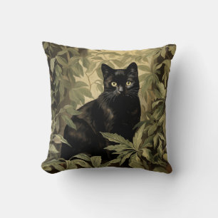 Black Cat in Lush Forest Throw Pillow