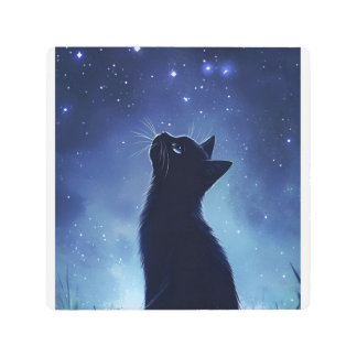 Black Cat in Magical Starlit Meadow Metal Print