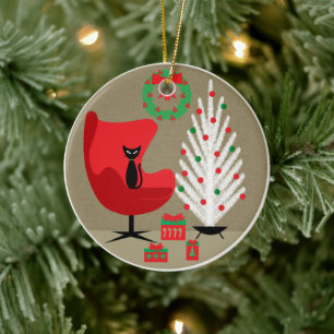 Black Cat in Mid Century Christmas Room Ceramic Ornament