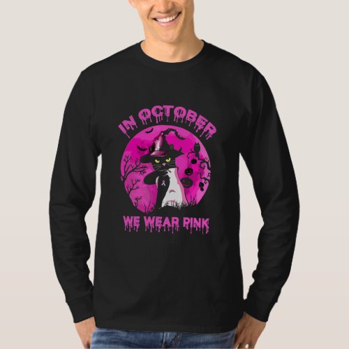 Black Cat In October We Wear Pink Funny Halloween T_Shirt