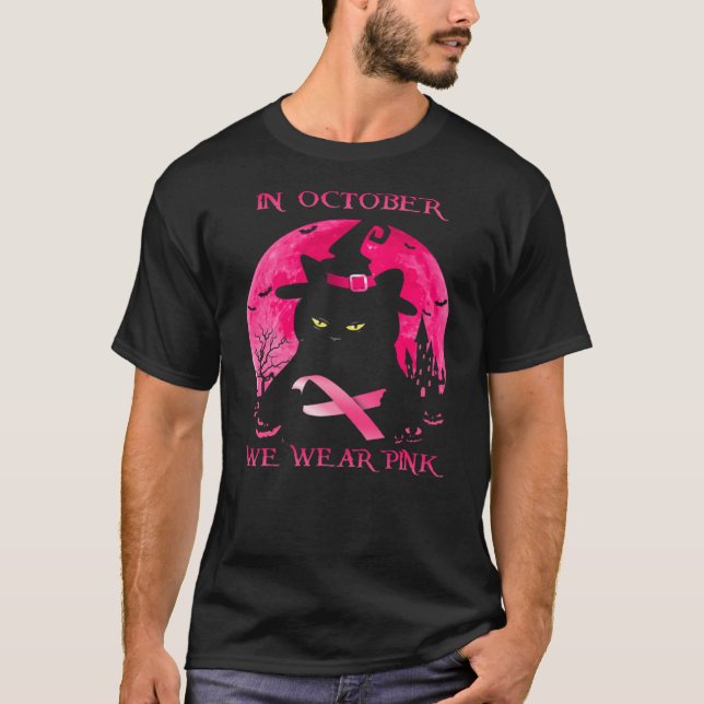 Black Cat In October We Wear Pink Halloween Breast T-Shirt (Front)