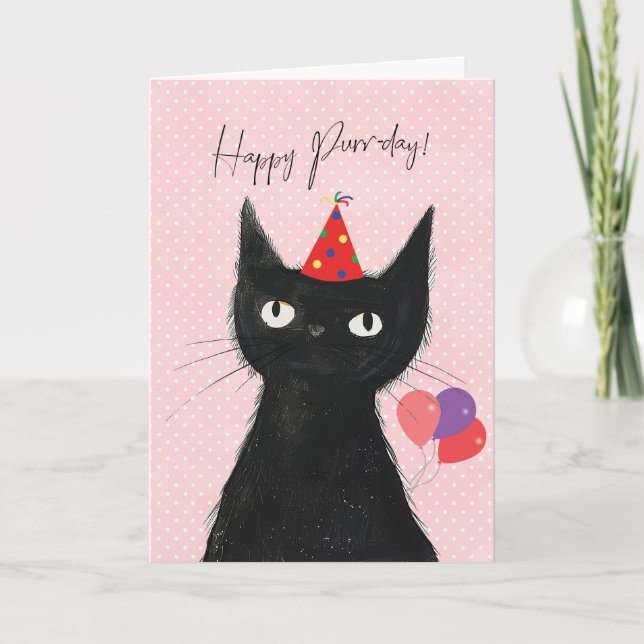 black cat in party hat funny purrday birthday card (Front)