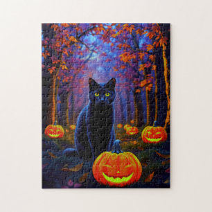 Black Cat in Pumpkin forest on Halloween night Jigsaw Puzzle